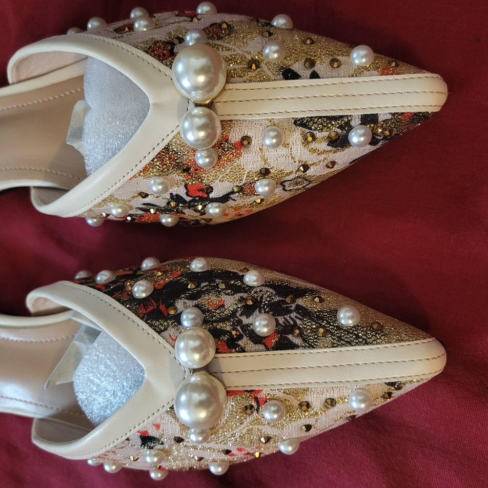 Wedding Cream and Gold Embellished Mules with Pearls